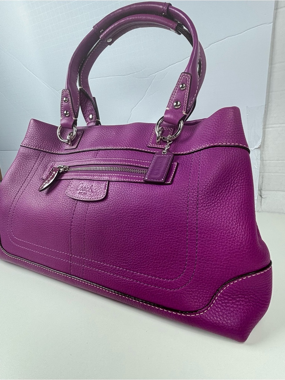 Coach Purple Pebbled Leather Triple Compartment Shoulder Bag